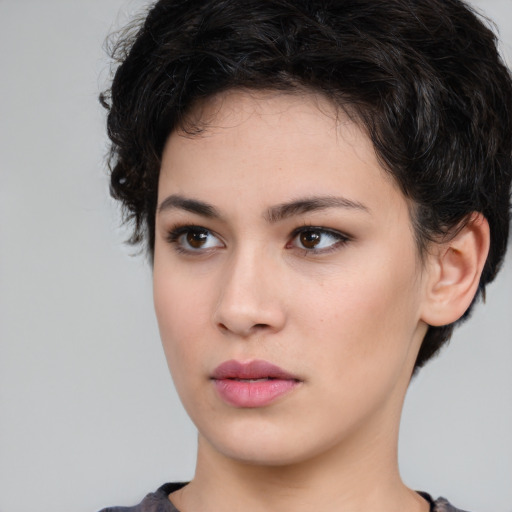 Neutral white young-adult female with medium  brown hair and brown eyes
