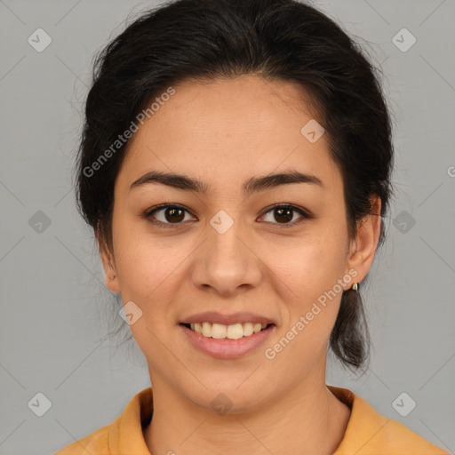 Joyful latino young-adult female with medium  brown hair and brown eyes