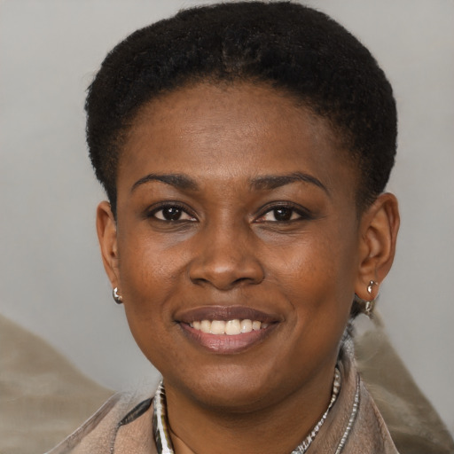 Joyful black young-adult female with short  brown hair and brown eyes