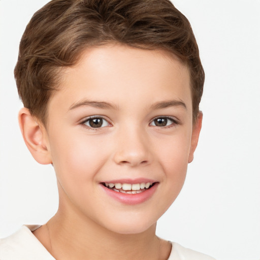 Joyful white child female with short  brown hair and brown eyes