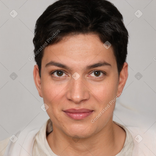 Joyful white young-adult female with short  brown hair and brown eyes