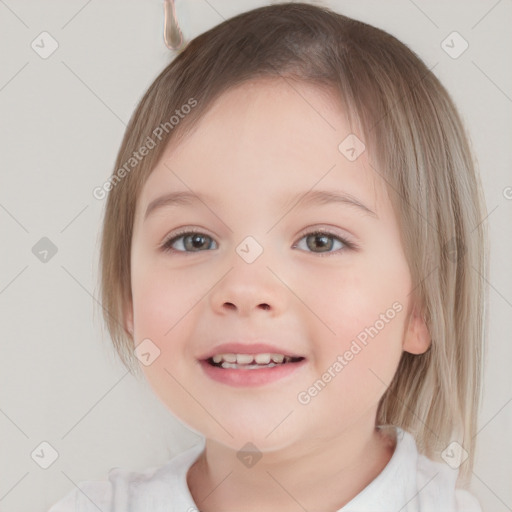 Joyful white child female with medium  brown hair and grey eyes