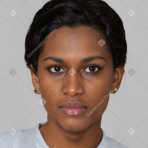 Neutral asian young-adult female with short  black hair and brown eyes