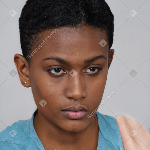 Neutral black young-adult female with short  brown hair and brown eyes