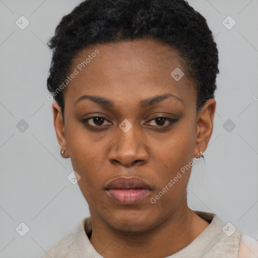 Neutral black young-adult female with short  black hair and brown eyes