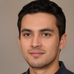 AI-generated white race male face with black hair, short length, and neutral expression