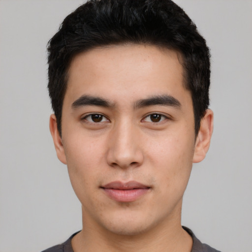 Neutral white young-adult male with short  black hair and brown eyes