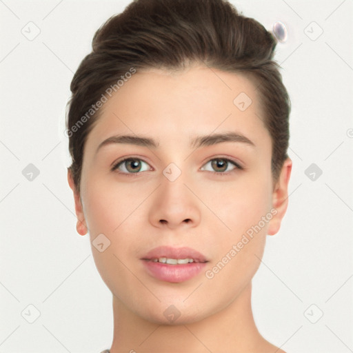 Neutral white young-adult female with short  brown hair and brown eyes