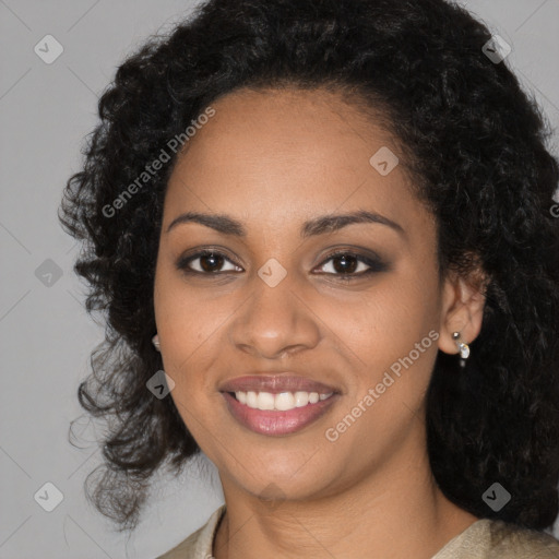 Joyful black young-adult female with medium  black hair and brown eyes