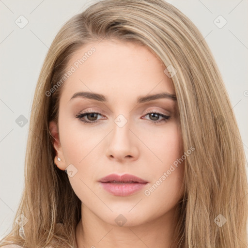 Neutral white young-adult female with long  brown hair and brown eyes