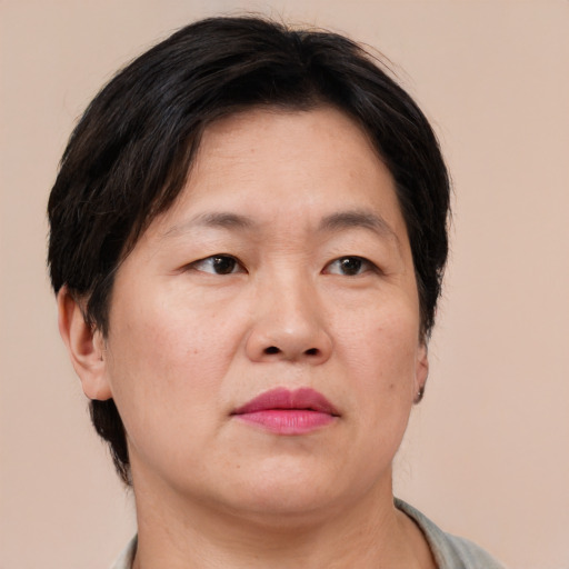 Neutral asian adult female with short  brown hair and brown eyes
