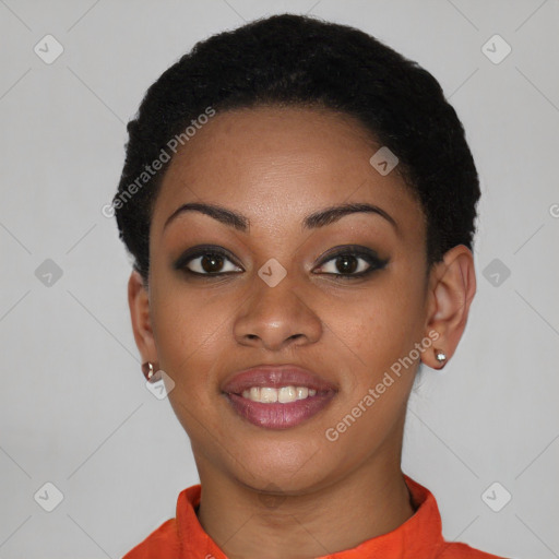 Joyful black young-adult female with short  black hair and brown eyes