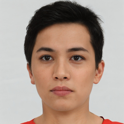 Neutral asian young-adult female with short  black hair and brown eyes