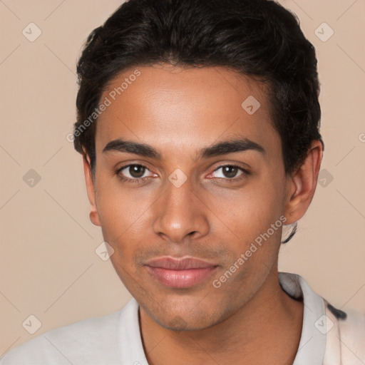 Joyful latino young-adult male with short  brown hair and brown eyes