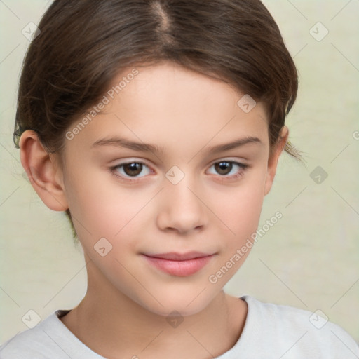 Joyful white child female with short  brown hair and brown eyes