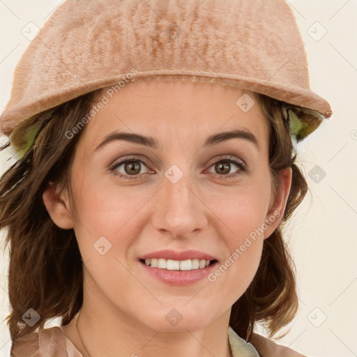 Joyful white young-adult female with medium  brown hair and blue eyes