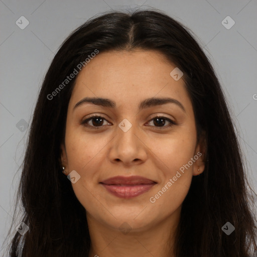 Joyful latino young-adult female with long  brown hair and brown eyes