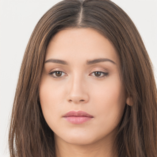 Neutral asian young-adult female with long  brown hair and brown eyes