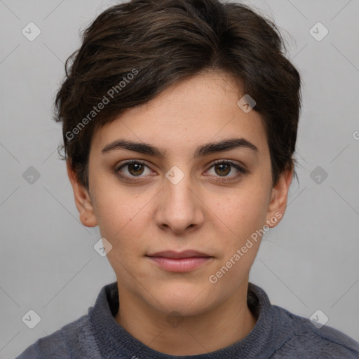 Neutral white young-adult female with short  brown hair and brown eyes