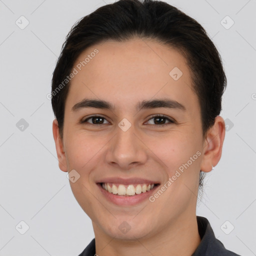 Joyful white young-adult female with short  brown hair and brown eyes