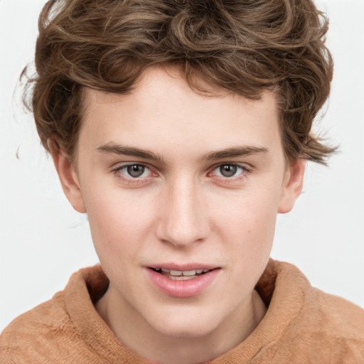 Joyful white young-adult male with short  brown hair and blue eyes