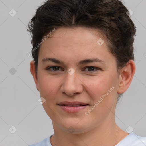 Joyful white young-adult female with short  brown hair and brown eyes