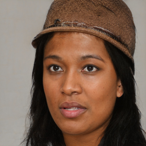 Neutral asian young-adult female with long  brown hair and brown eyes