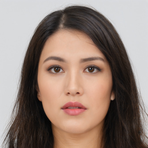 Neutral asian young-adult female with long  brown hair and brown eyes