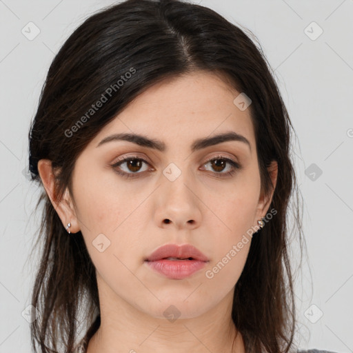 Neutral asian young-adult female with long  brown hair and brown eyes