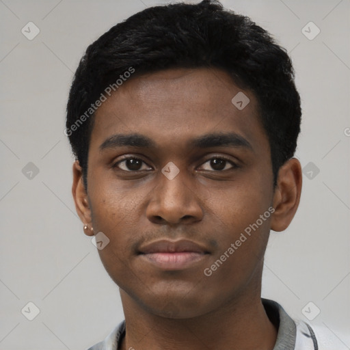 Neutral black young-adult male with short  black hair and brown eyes