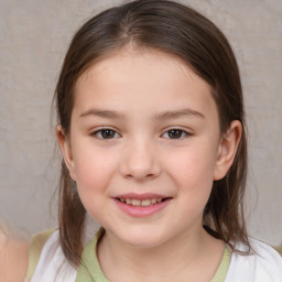 Joyful white child female with medium  brown hair and brown eyes