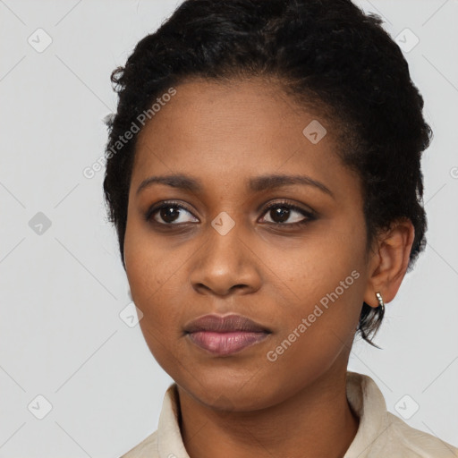 Neutral black young-adult female with short  black hair and brown eyes