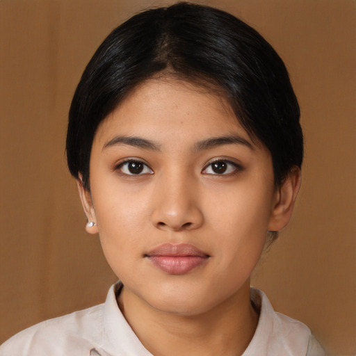 Neutral asian young-adult female with short  black hair and brown eyes