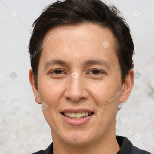 Joyful white adult female with short  brown hair and brown eyes