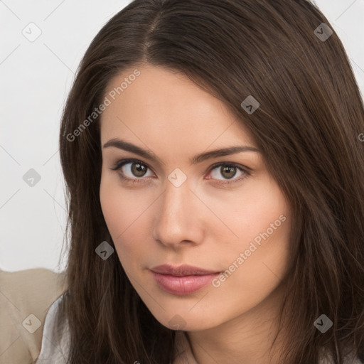 Neutral white young-adult female with long  brown hair and brown eyes