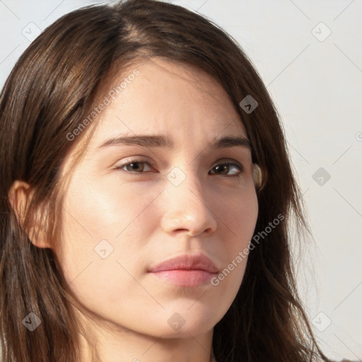 Neutral white young-adult female with long  brown hair and brown eyes