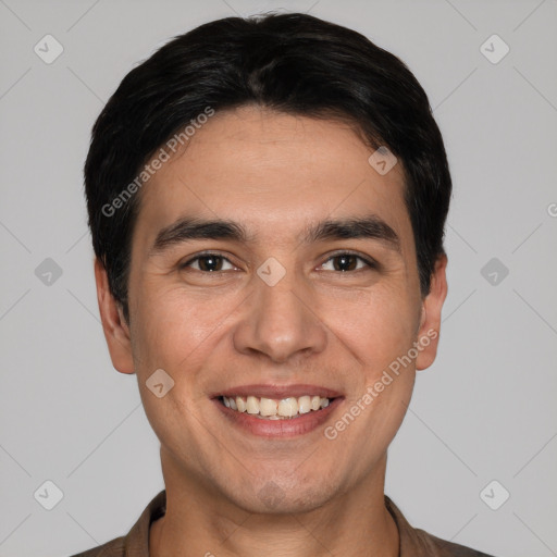 Joyful white young-adult male with short  black hair and brown eyes