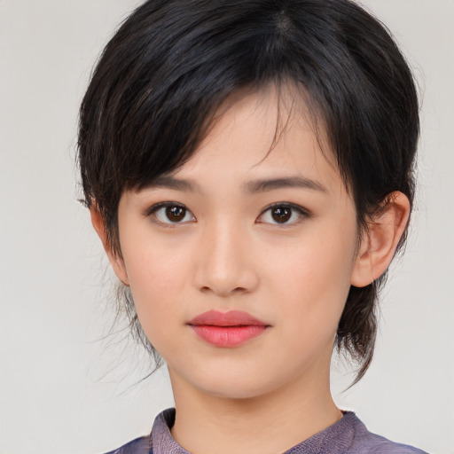 Neutral asian young-adult female with medium  black hair and brown eyes