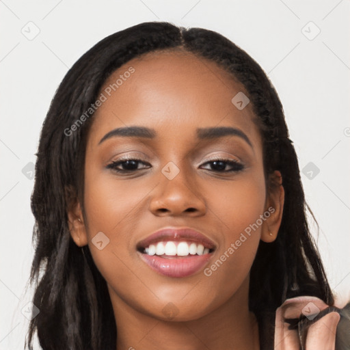 Joyful latino young-adult female with long  black hair and brown eyes