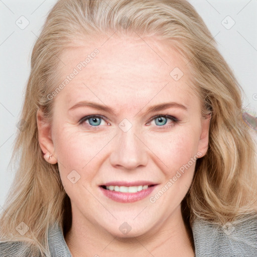 Joyful white young-adult female with medium  brown hair and blue eyes