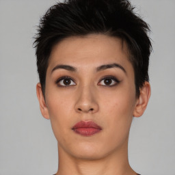 Neutral asian young-adult female with short  brown hair and brown eyes