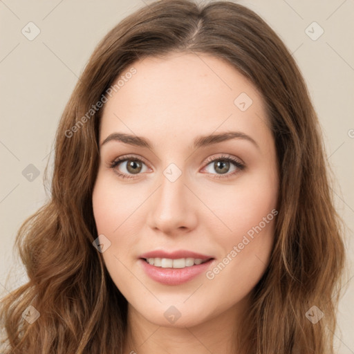 Joyful white young-adult female with long  brown hair and green eyes