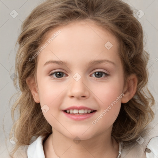 Joyful white child female with medium  brown hair and brown eyes