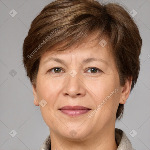 Joyful white adult female with medium  brown hair and grey eyes