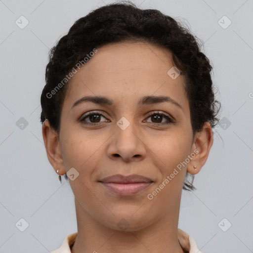 Joyful latino young-adult female with short  brown hair and brown eyes