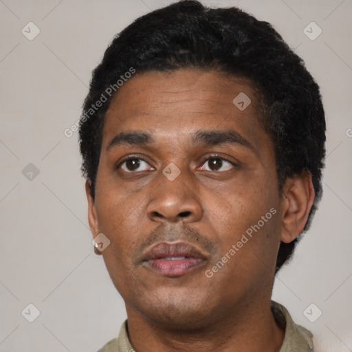 Neutral black adult male with short  black hair and brown eyes