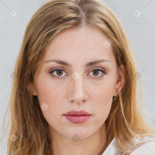 Neutral white young-adult female with long  brown hair and brown eyes