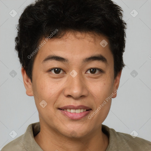 Joyful latino young-adult male with short  brown hair and brown eyes