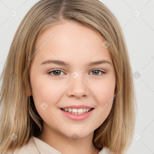 Joyful white child female with medium  brown hair and brown eyes