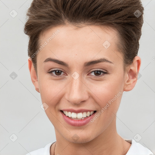 Joyful white young-adult female with short  brown hair and brown eyes